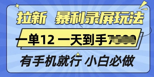 拉新暴利录屏玩法，一单12块，有手机就行，小白必做